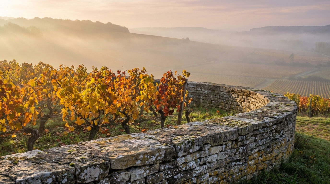 Pinot Noir vines on the slopes of the Côte d'Or with the village of Vosne-Romanée in the valley below