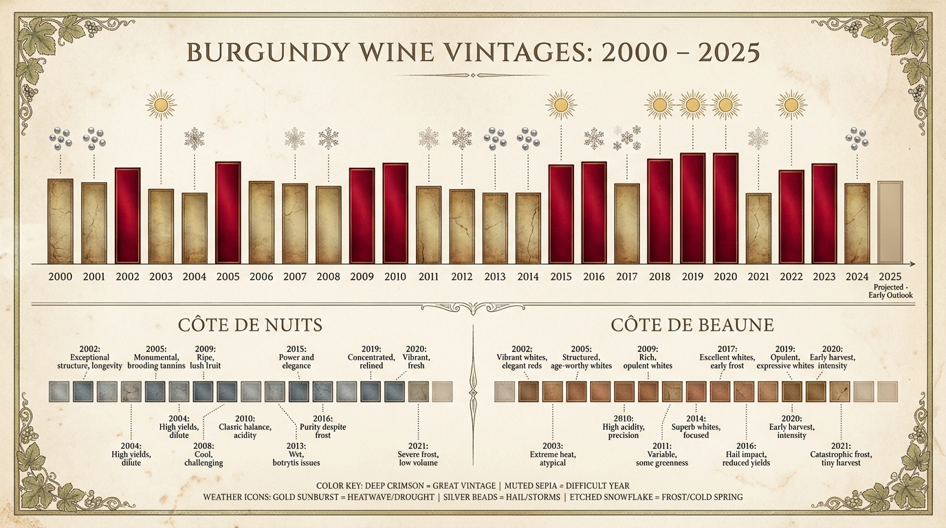 Frost-damaged Burgundy vines in spring with ice crystals on young shoots at sunrise