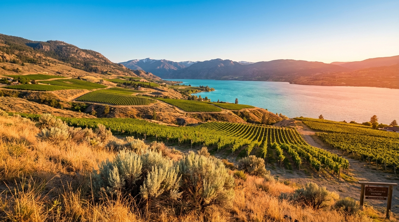 Okanagan Valley vineyards on steep lakeside slopes with turquoise lake