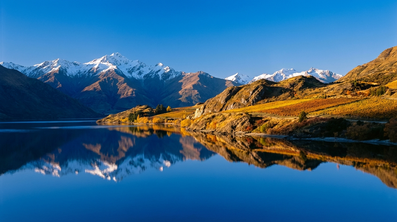 Central Otago landscape with snow-capped mountains and autumn vineyards