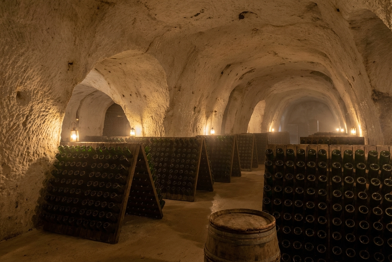 Champagne cellar with riddling racks