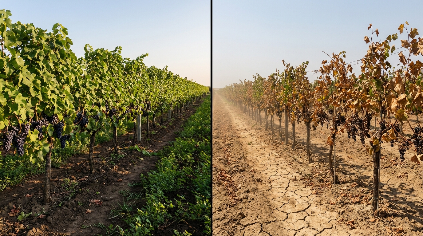 Sun-scorched vineyard in southern France showing the effects of rising temperatures and drought stress on grape vines