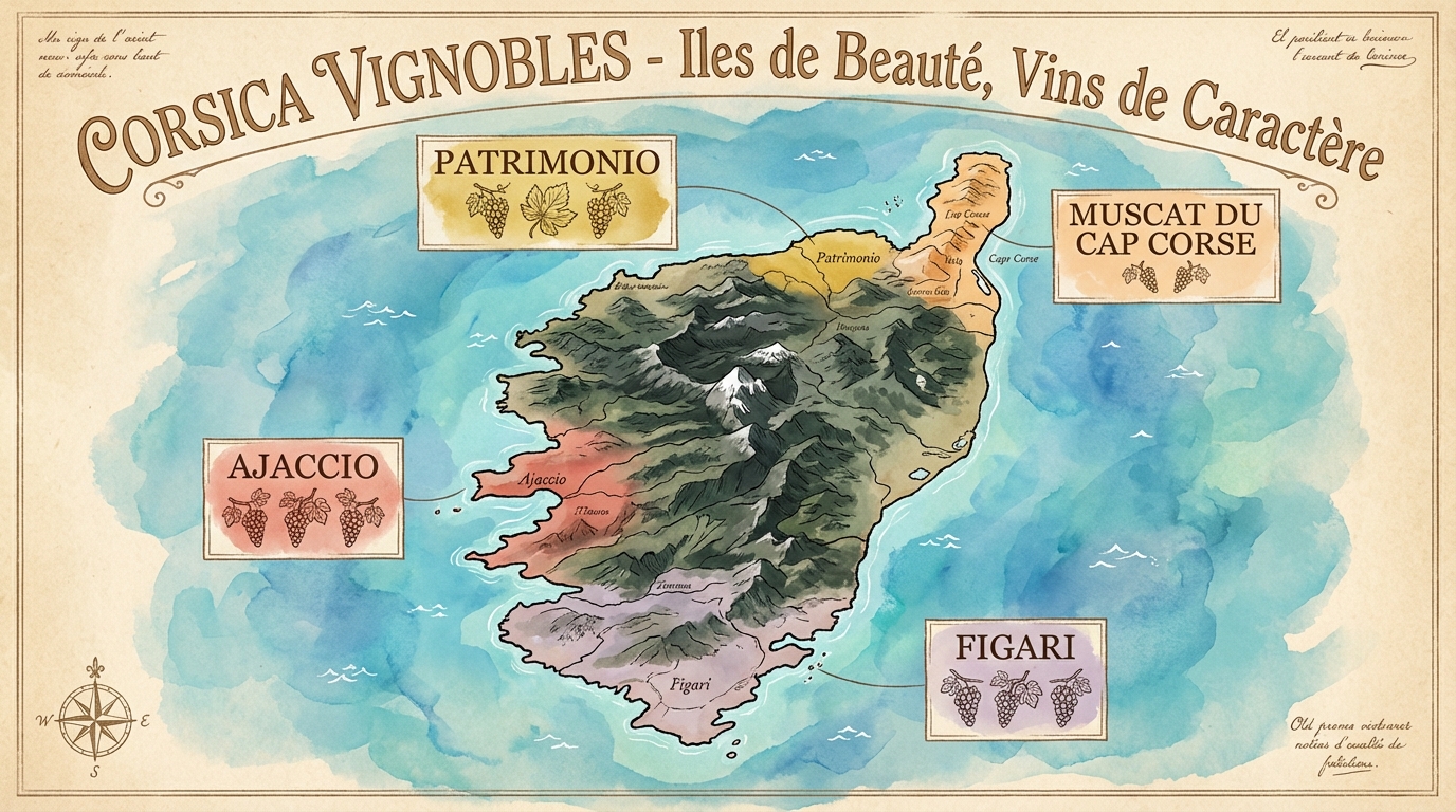 Clusters of Vermentinu grapes ripening under Corsican sunshine with maquis-covered hills behind