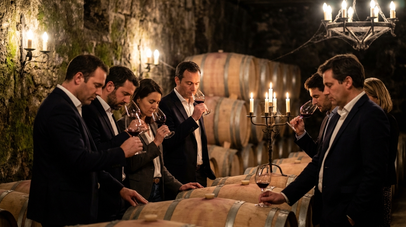 Bordeaux barrel cellar during the en primeur campaign with rows of oak barrels awaiting evaluation
