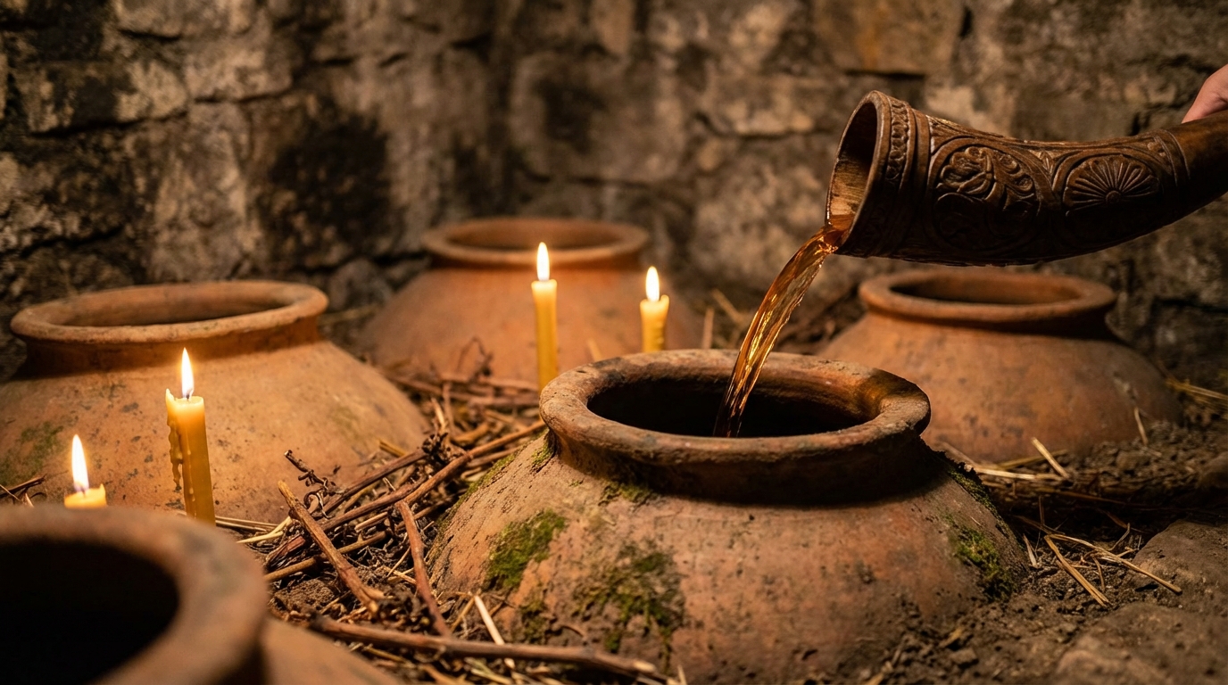 Ancient Georgian qvevri clay vessels for wine fermentation