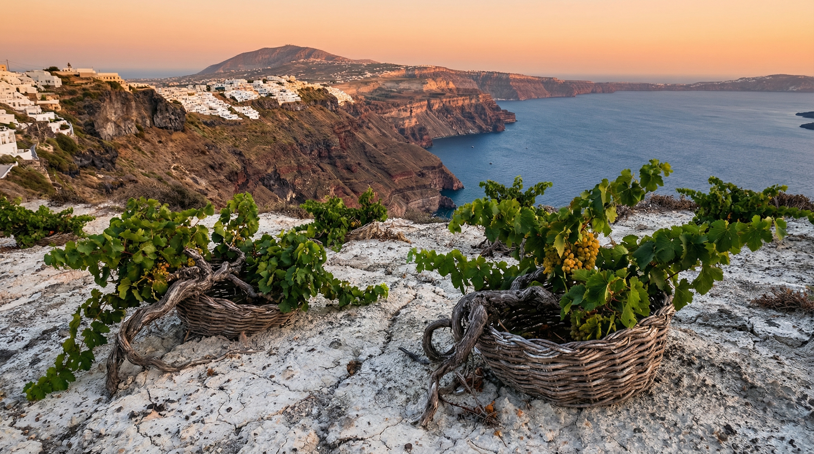 Vignes ancestrales d'Assyrtiko conduites selon la forme traditionnelle en panier kouloura sur les falaises volcaniques de Santorin
