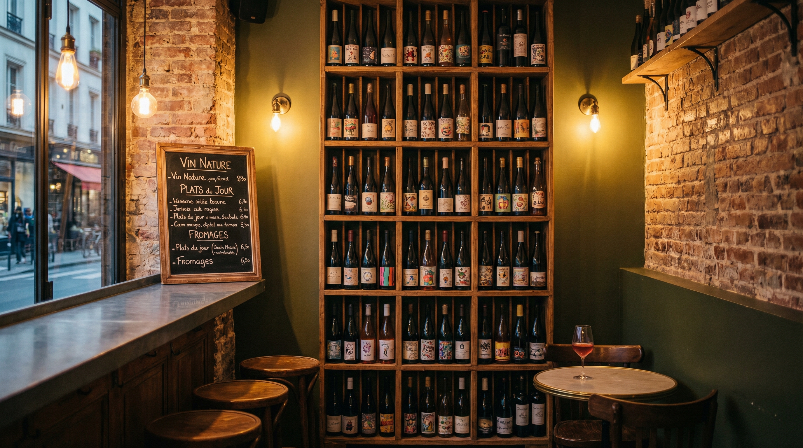 Natural wine bar with eclectic labels