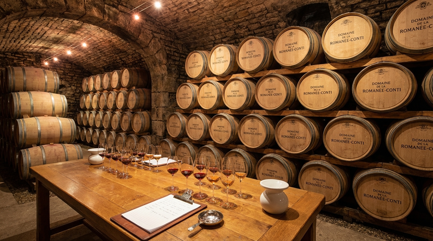 Stone entrance gate of a Burgundy domaine with vineyards stretching behind the estate