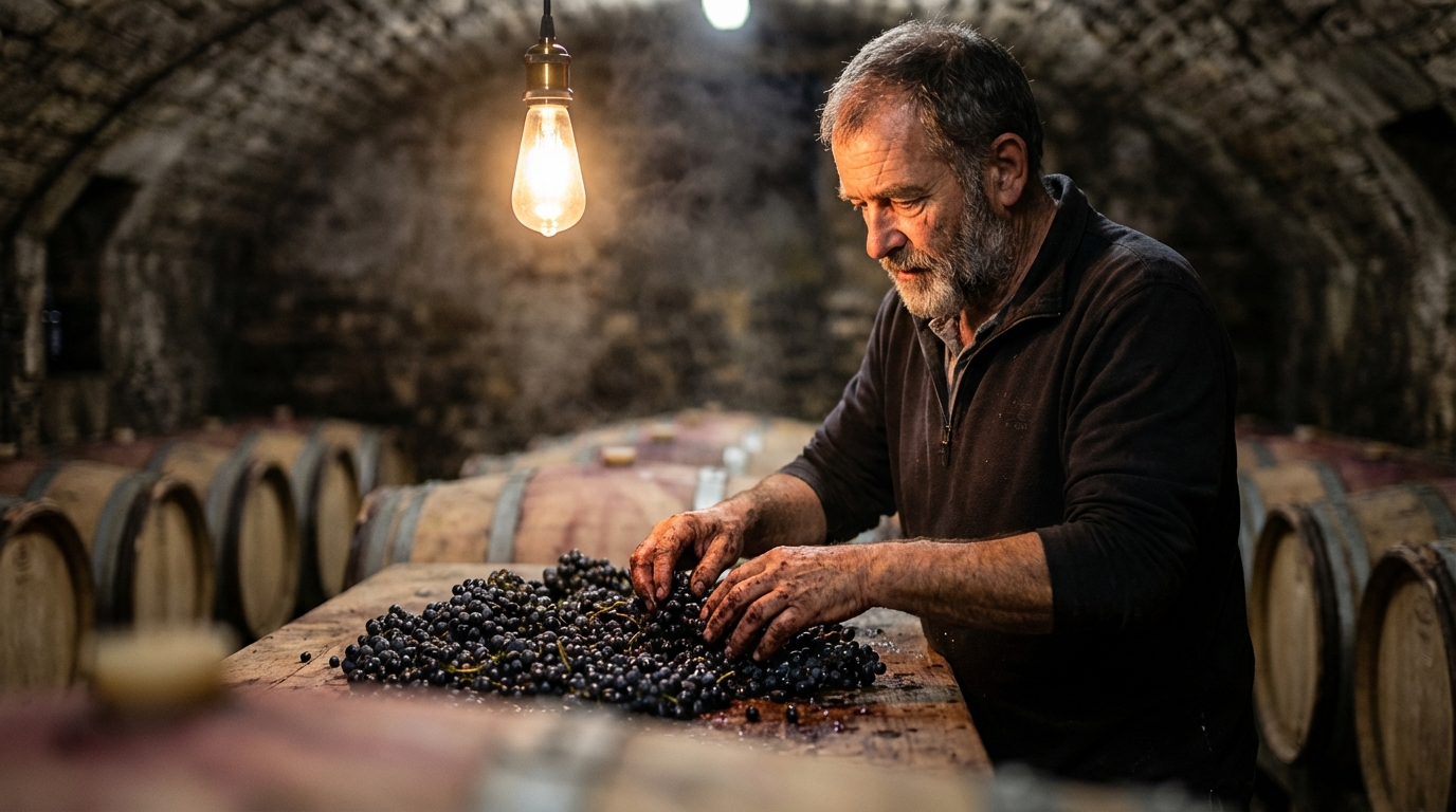 Historic négociant wine cellar in Beaune with rows of aging Burgundy barrels