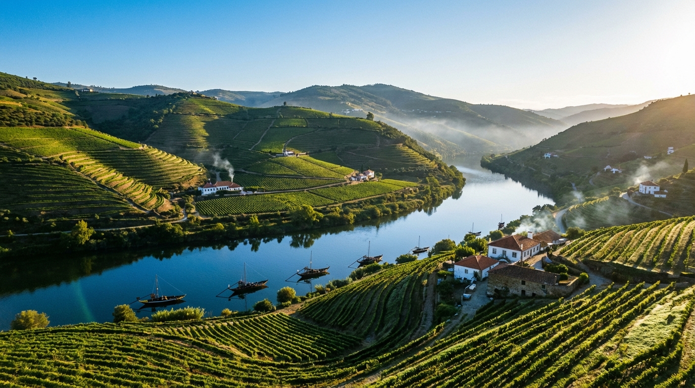 Terraced vineyards along the Douro River valley