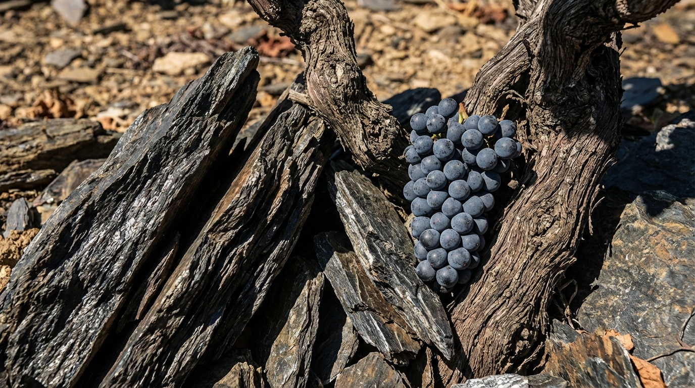 Dark llicorella slate soil with old Garnacha vine roots in Priorat