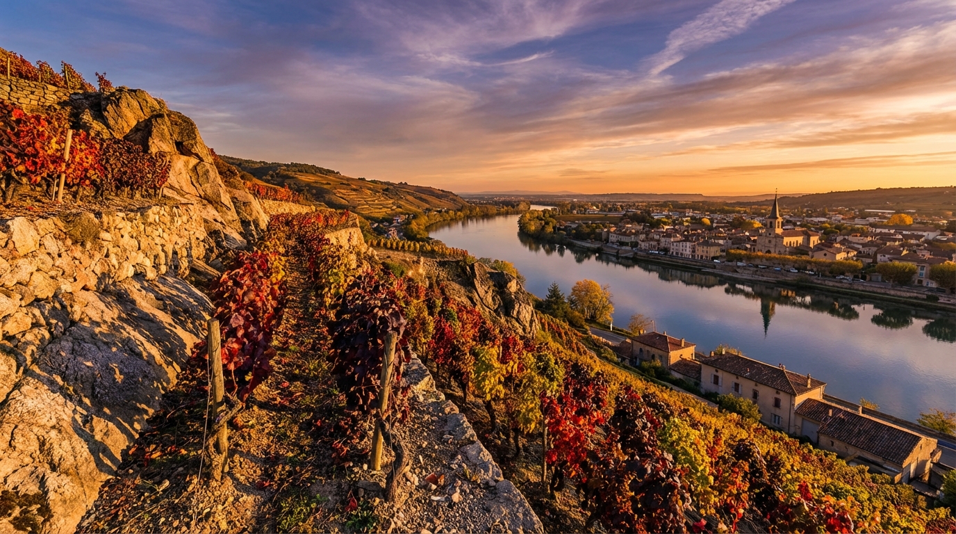 Steep terraced Syrah vineyards on the granite hillsides of Côte-Rôtie in the Northern Rhône