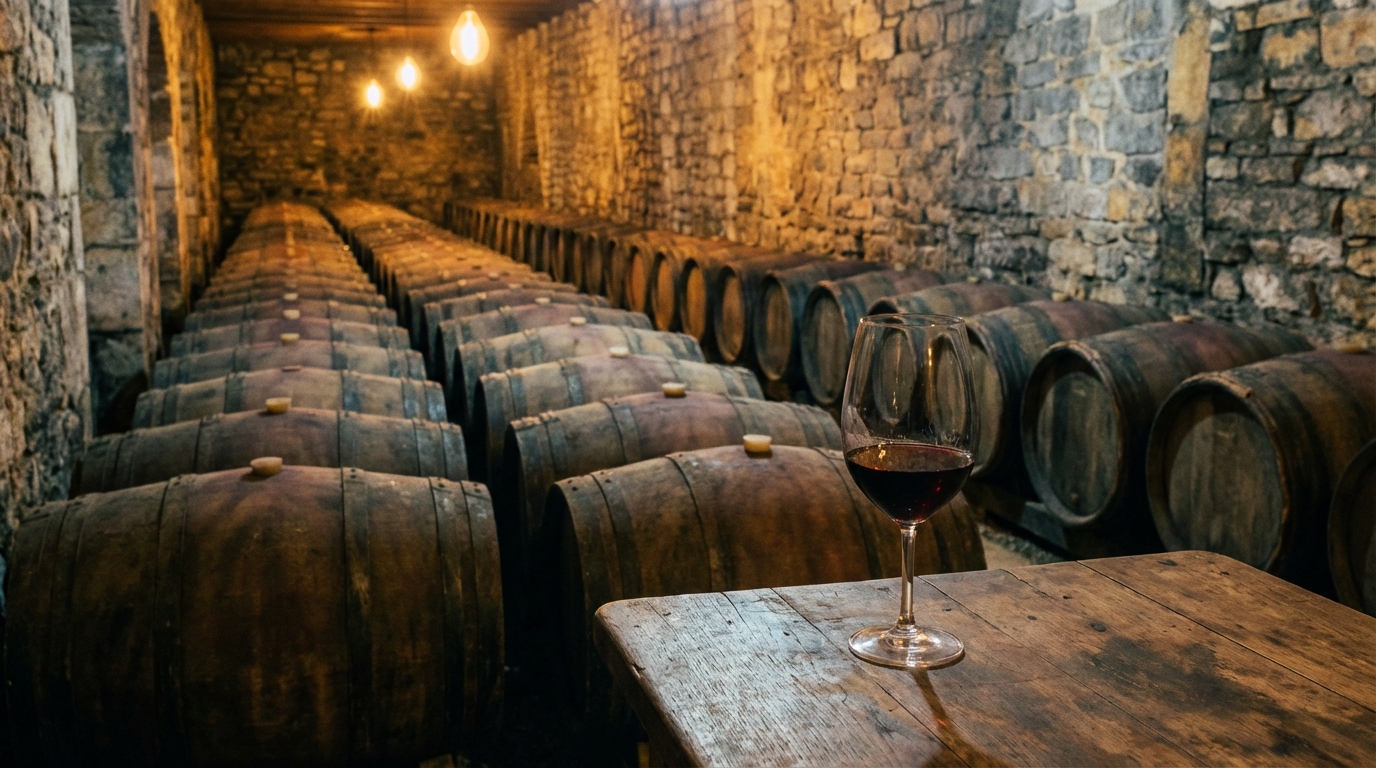 Traditional Spanish wine cellar with oak barrels aging Tempranillo