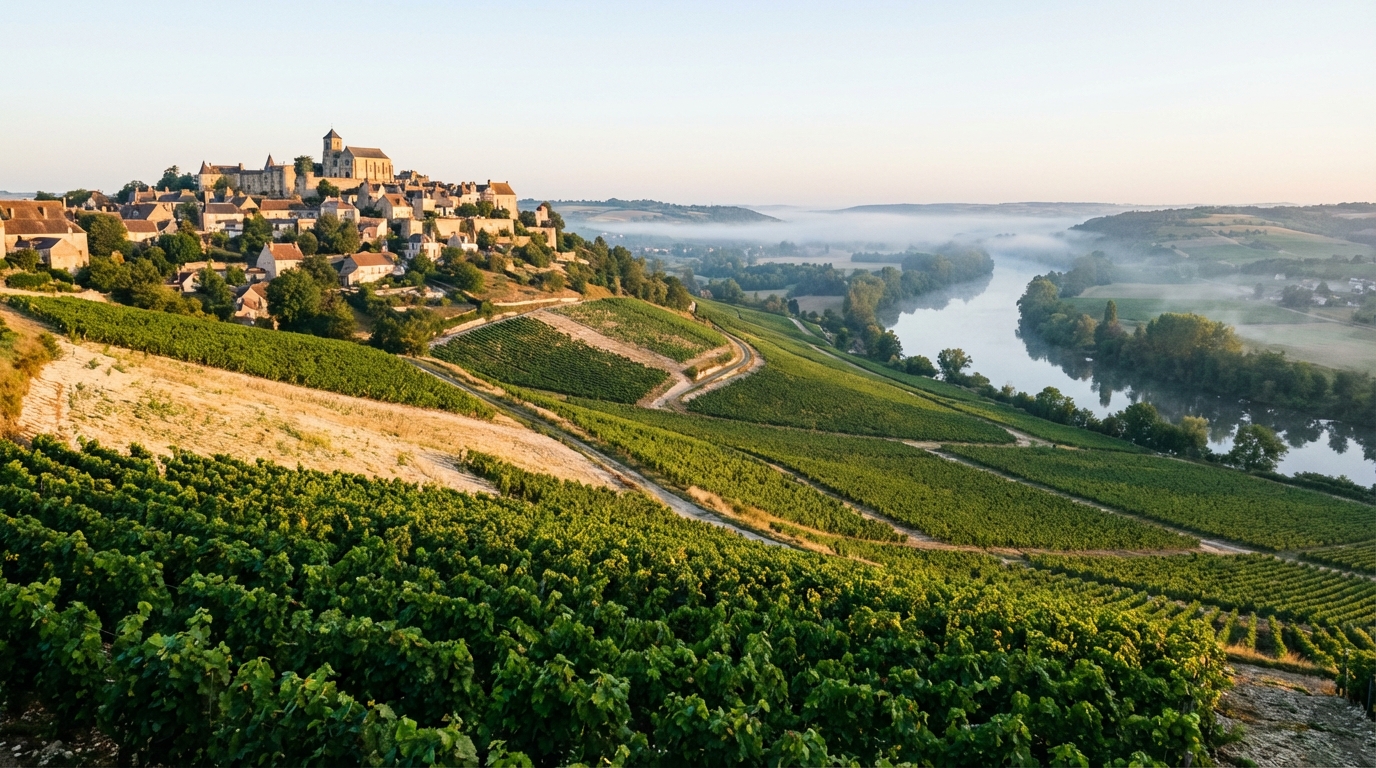Vineyards on the hillside slopes of Sancerre with the Loire River visible in the distance