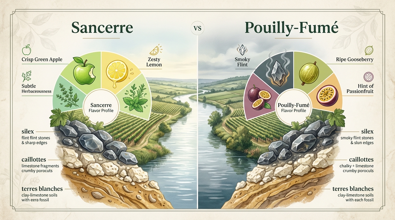 Bottles of Sancerre and Pouilly-Fumé Sauvignon Blanc alongside Crottin de Chavignol goat cheese