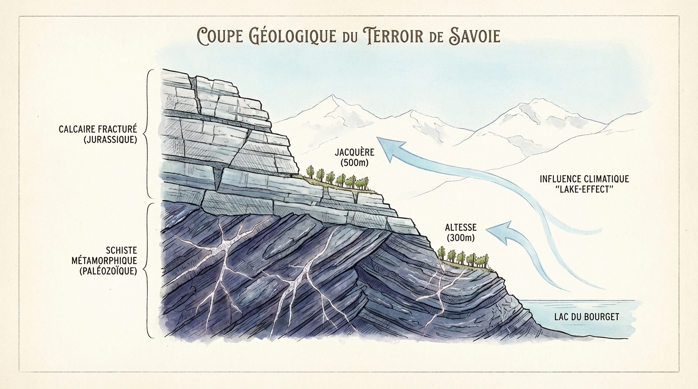 Broken limestone terrain of the Apremont cru planted with Jacquère vines below Mont Granier