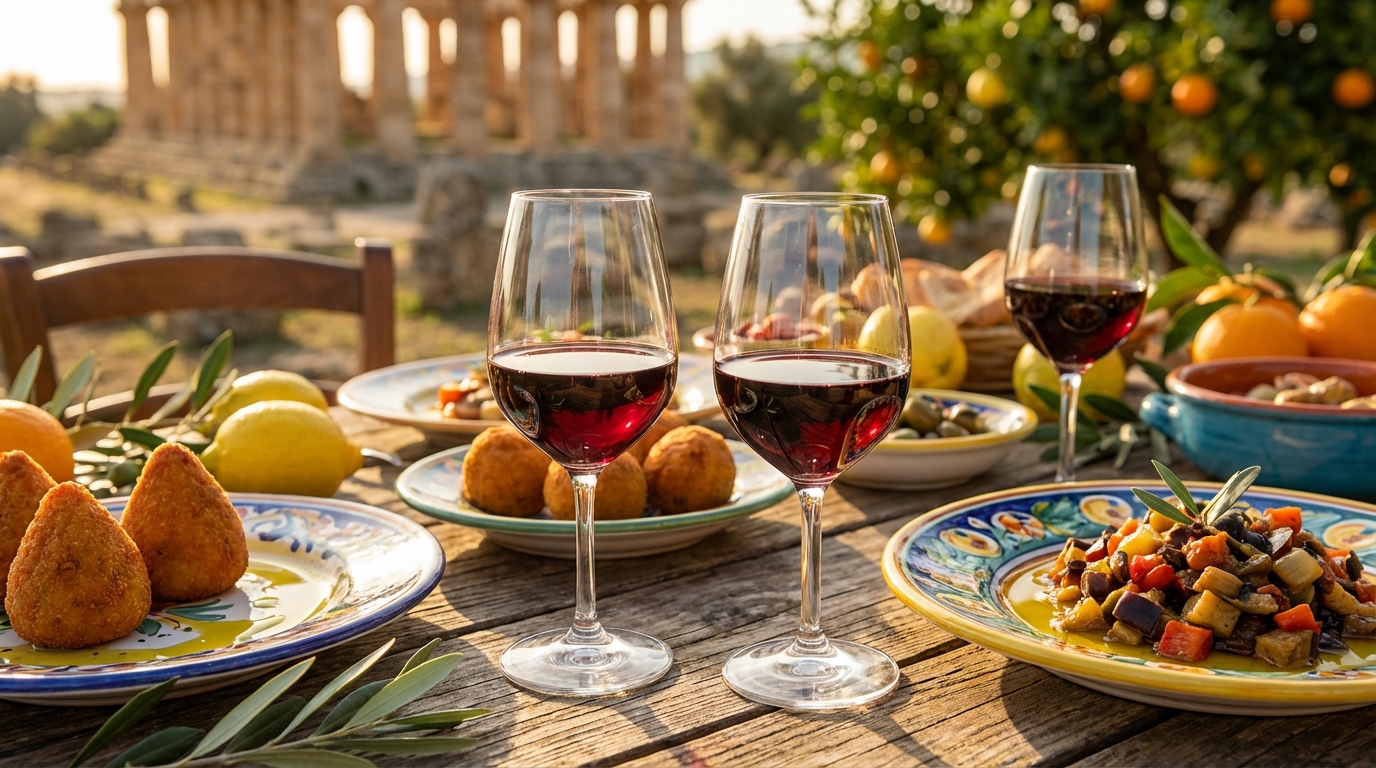 Sicilian wine and food scene with Nero d'Avola and traditional ceramics