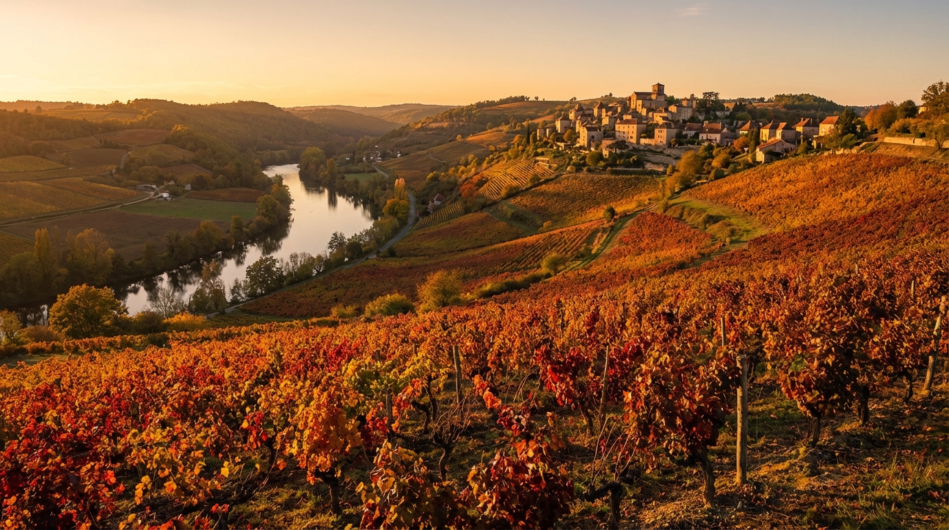 Vineyard terraces along the Lot River in Cahors with limestone cliffs in the background