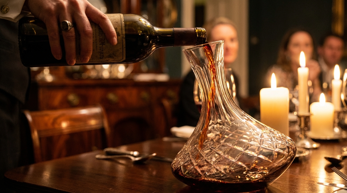 Red wine being poured into a wide-base crystal decanter to aerate
