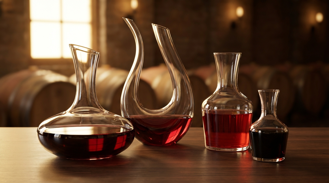 Collection of different decanter shapes including swan-neck, wide-base, and standard carafe styles