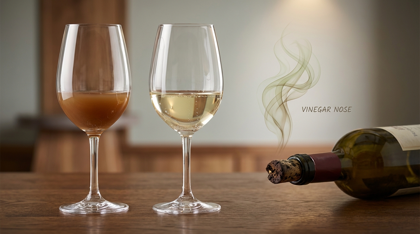 Wine glass showing color comparison between a healthy wine and an oxidized wine side by side