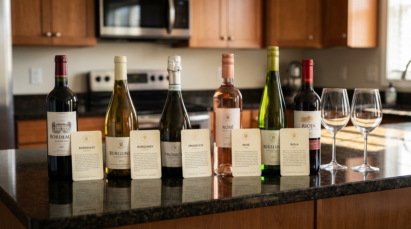 Proper wine serving setup showing correct glass fill level, decanter, and a thermometer for temperature
