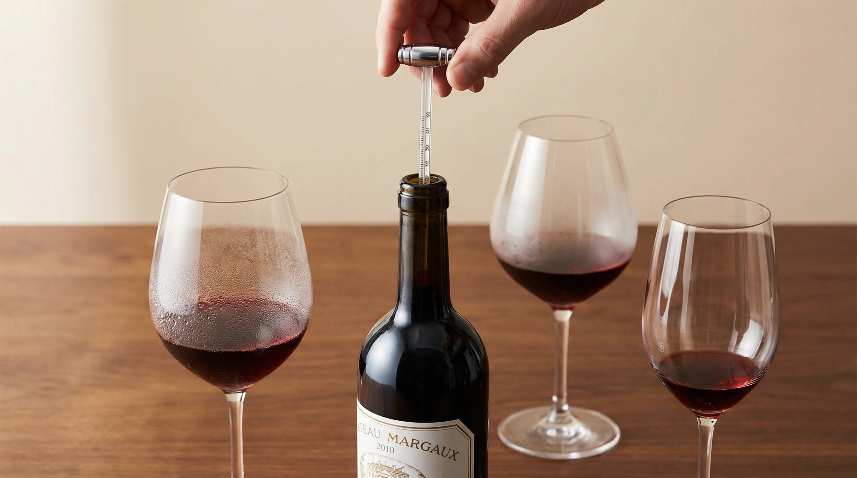 Sommelier checking wine temperature